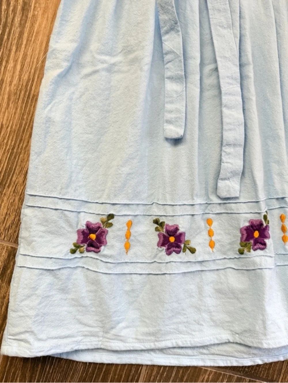 Light Blue Girls' Embroidered Floral Sundress with Tie Waist—4T